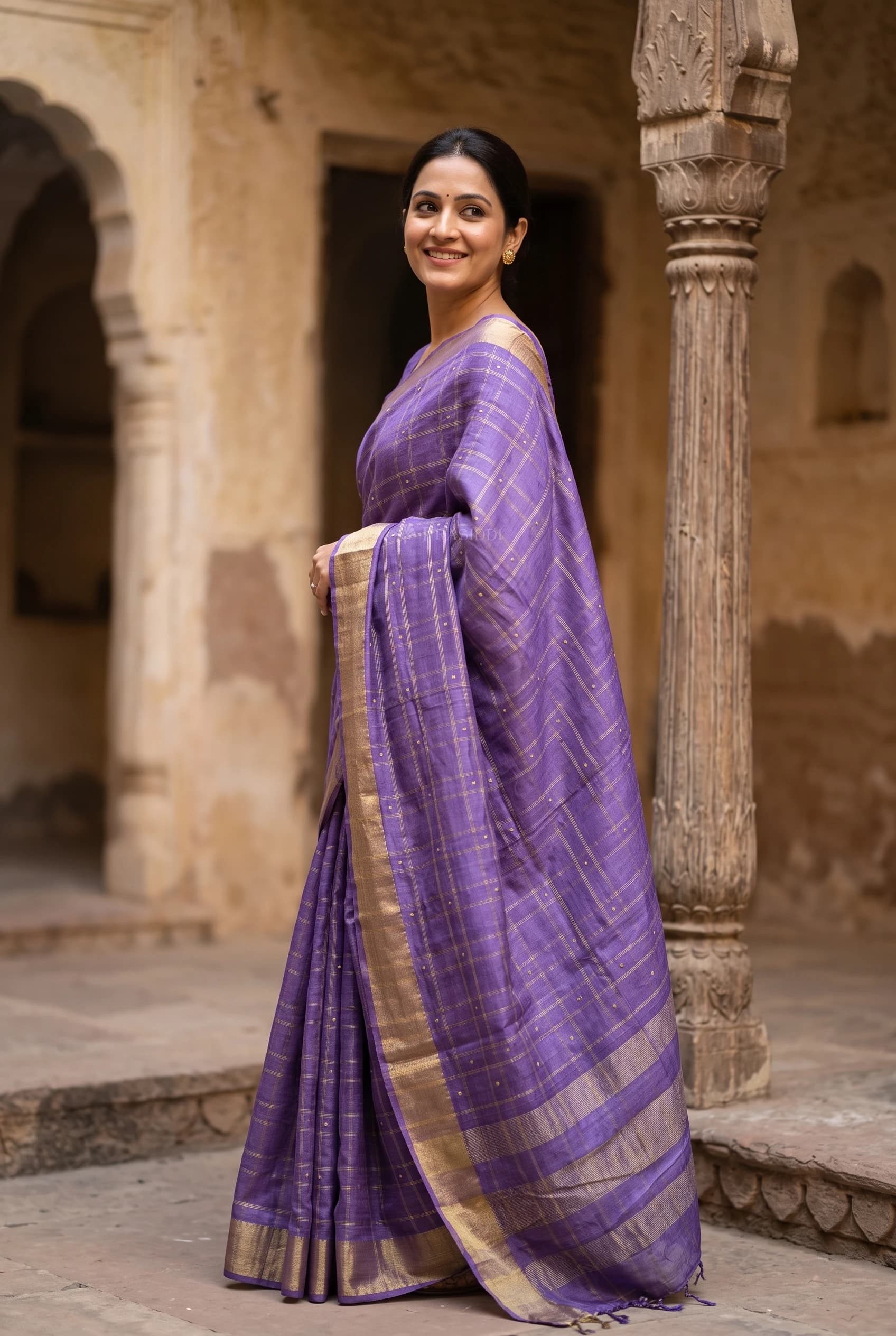 Amethyst Embroidered Tussar Silk Saree with Minimal Border – Model Displaying Full Saree