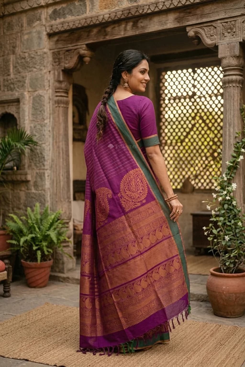 Amethyst Green Tadapathri Cotton Saree with Classical Green Border – Model Displaying Full Saree