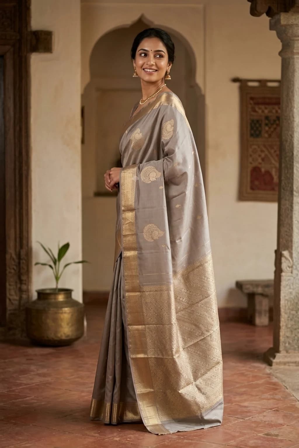 Ash Grey Silk Saree with Woven Work and Zari Motif and classical border border – Model Displaying Full Saree