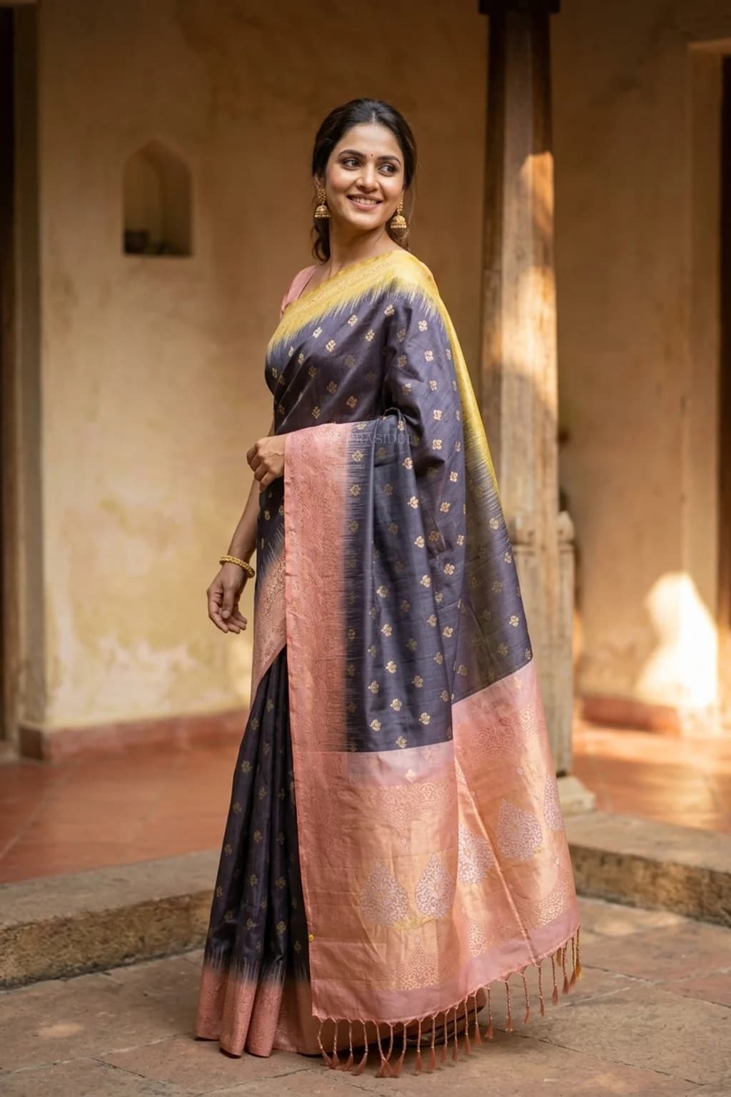 Aubergine Soft Silk Saree with Ganga Jamuna Border and Woven Motifs. – Model Displaying Full Saree