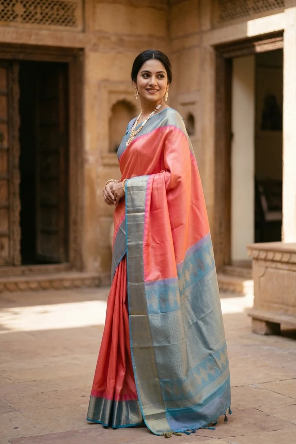 Baby Pink Silk Saree with Powder Blue Contrast Temple Border – Model Displaying Full Saree