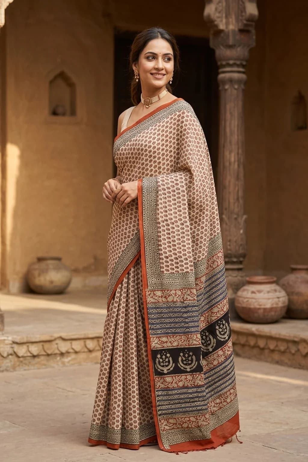 Beige and Maroon Maheshwari Silk Cotton Saree with Geometric Motifs and Contrast Woven Zari Border. – Model Displaying Full Saree