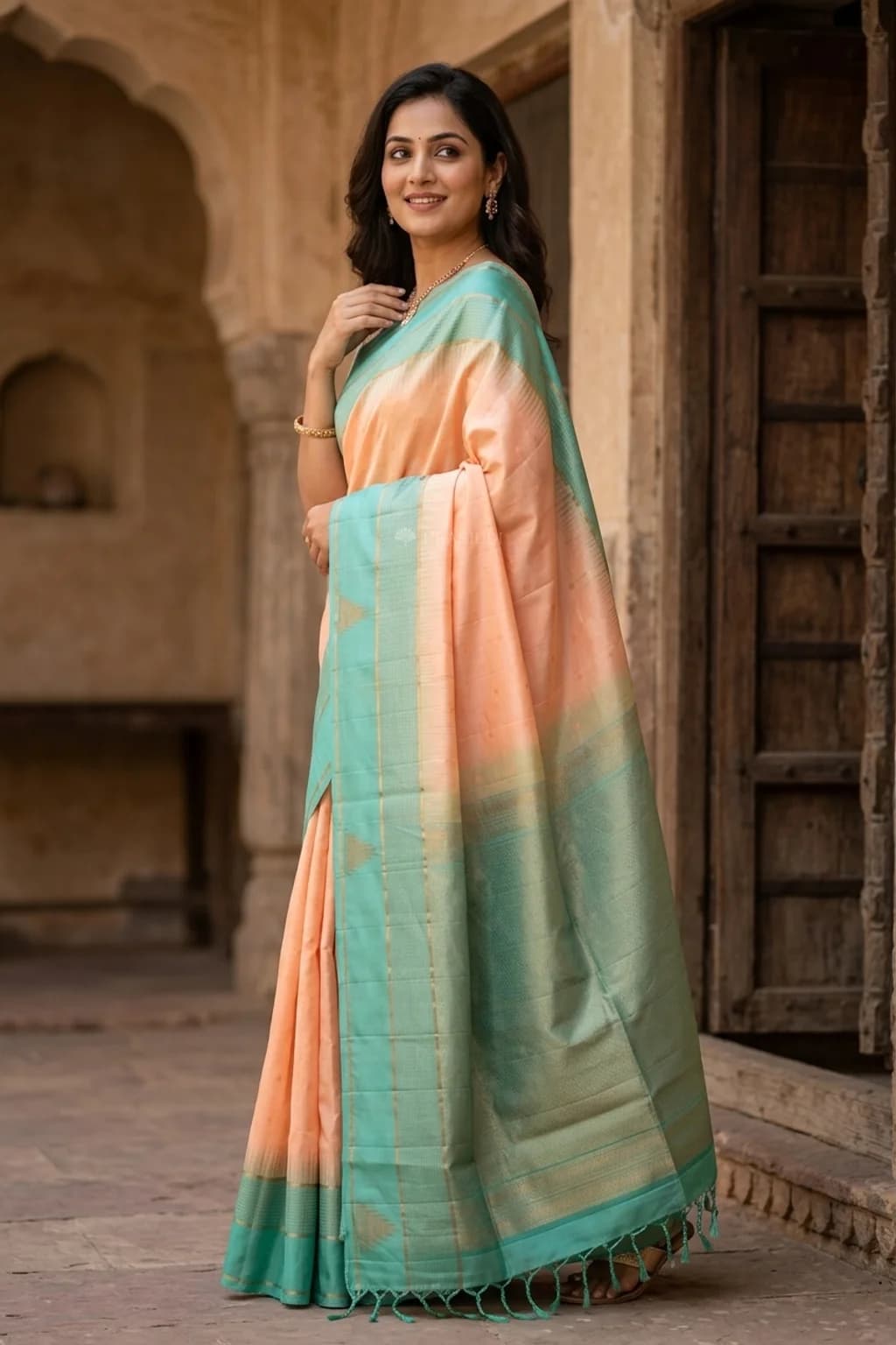 Beige and Turquoise Soft Silk Saree with Butti Design and Temple Motif Border. – Model Displaying Full Saree