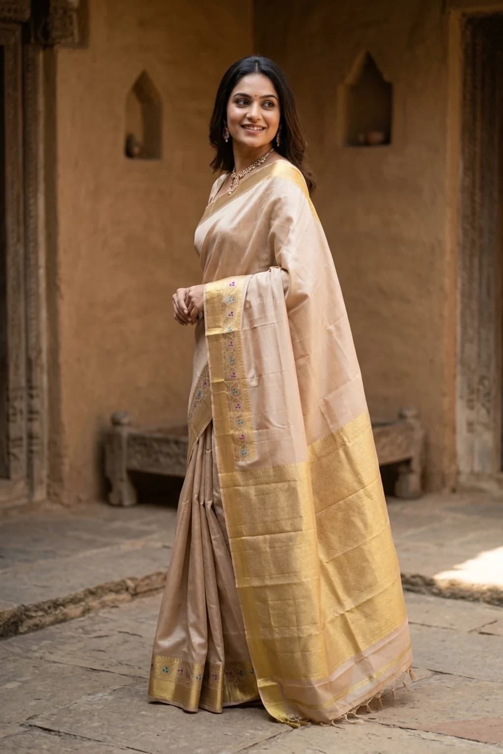 Beige Silk Saree Featuring a Meenakari Border, Ideal for Festive and Wedding Occasions. – Model Displaying Full Saree