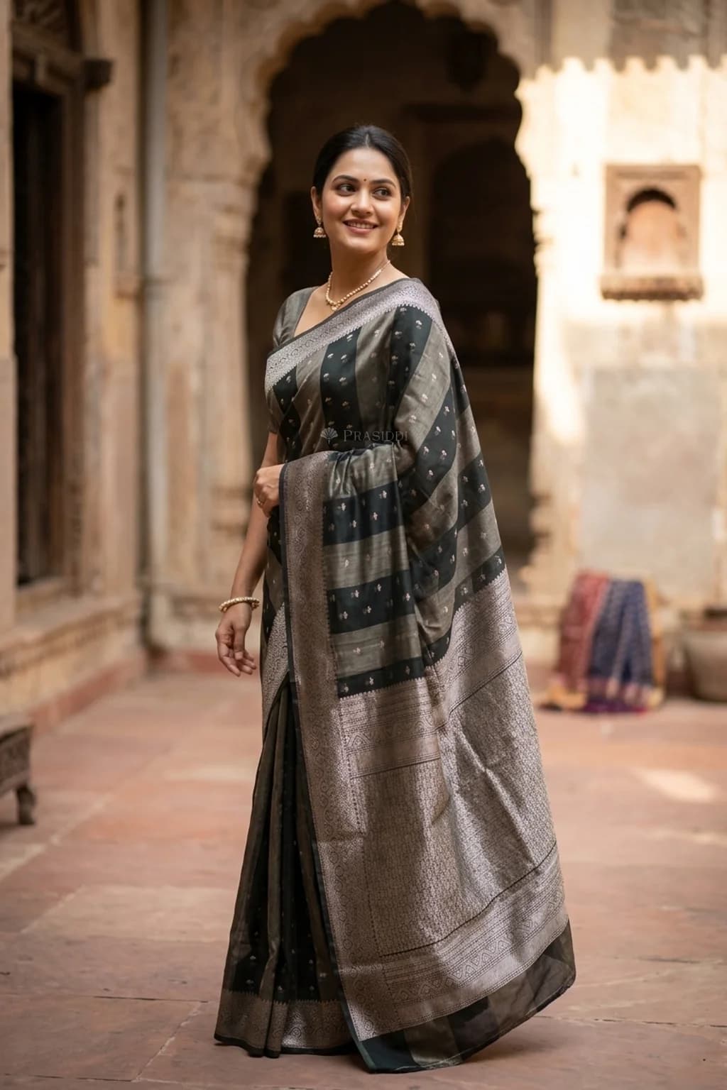 Black and Elephant Grey Silk Cotton Saree with Butti Motifs and Designer Border – Model Displaying Full Saree