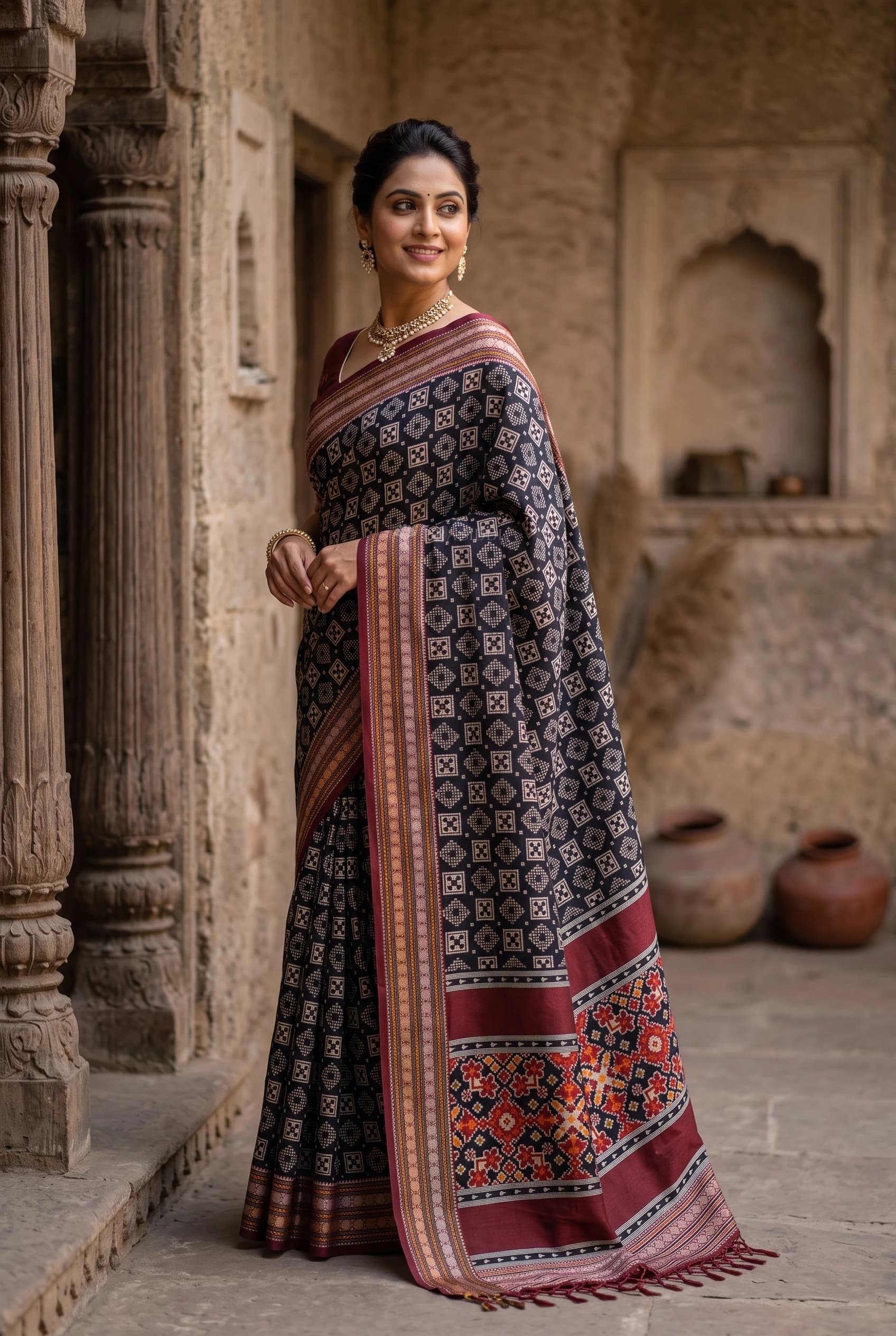 Black and Ivory Silk Cotton Saree with Rust Contrast Border – Model Displaying Full Saree