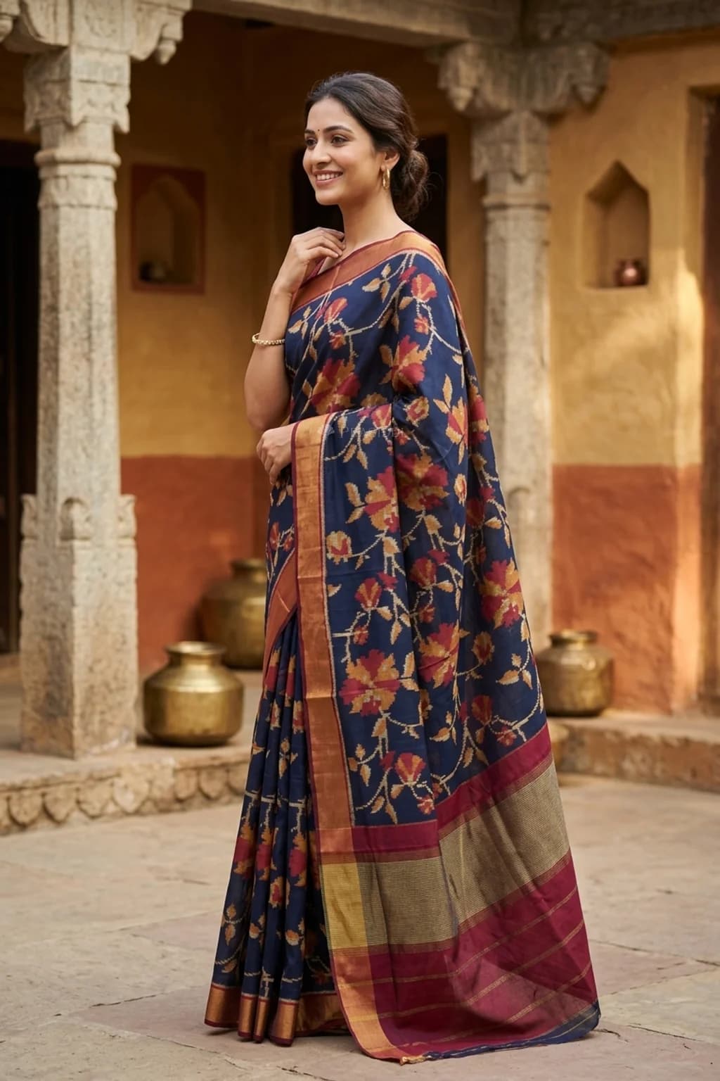 Black and Maroon Patola Silk Saree with a Classical Contrast Border and Woven Zari Work. – Model Displaying Full Saree