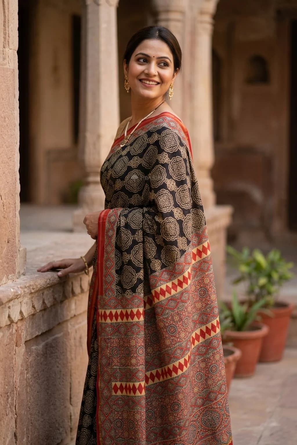 Black and Red Maheshwari Silk Cotton Saree with Printed Pallu and Contrast Border. – Model Displaying Full Saree