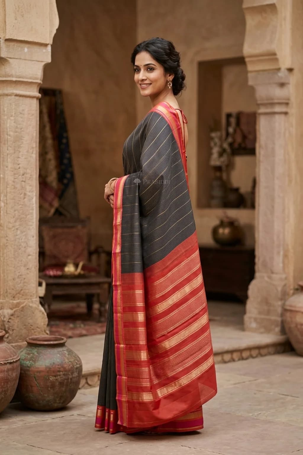 Black and Red Silk Saree with a Classical Border and Woven Zari Detailing. – Model Displaying Full Saree