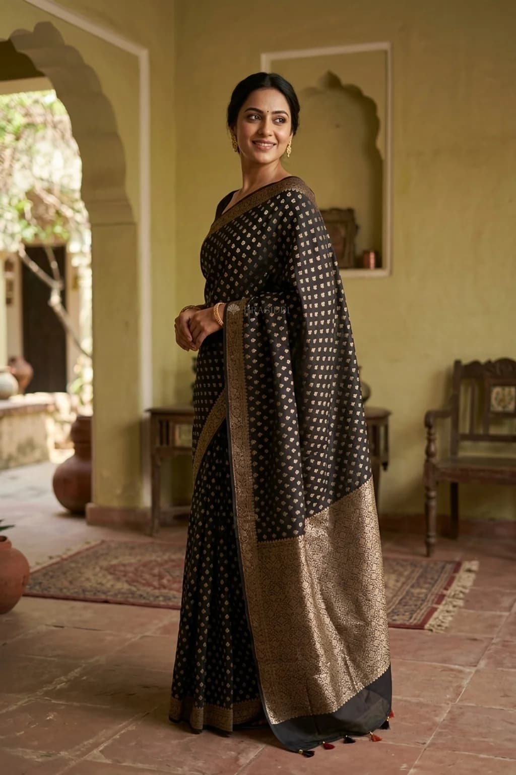 Black Silk Cotton Saree Featuring a Butti Design and Classical Border – Model Displaying Full Saree
