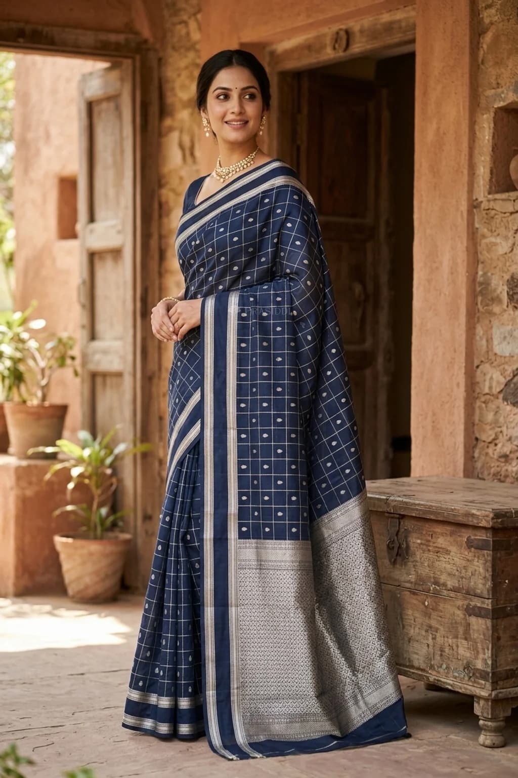 Black Silk Cotton Saree with Woven Work and Designer Border – Model Displaying Full Saree