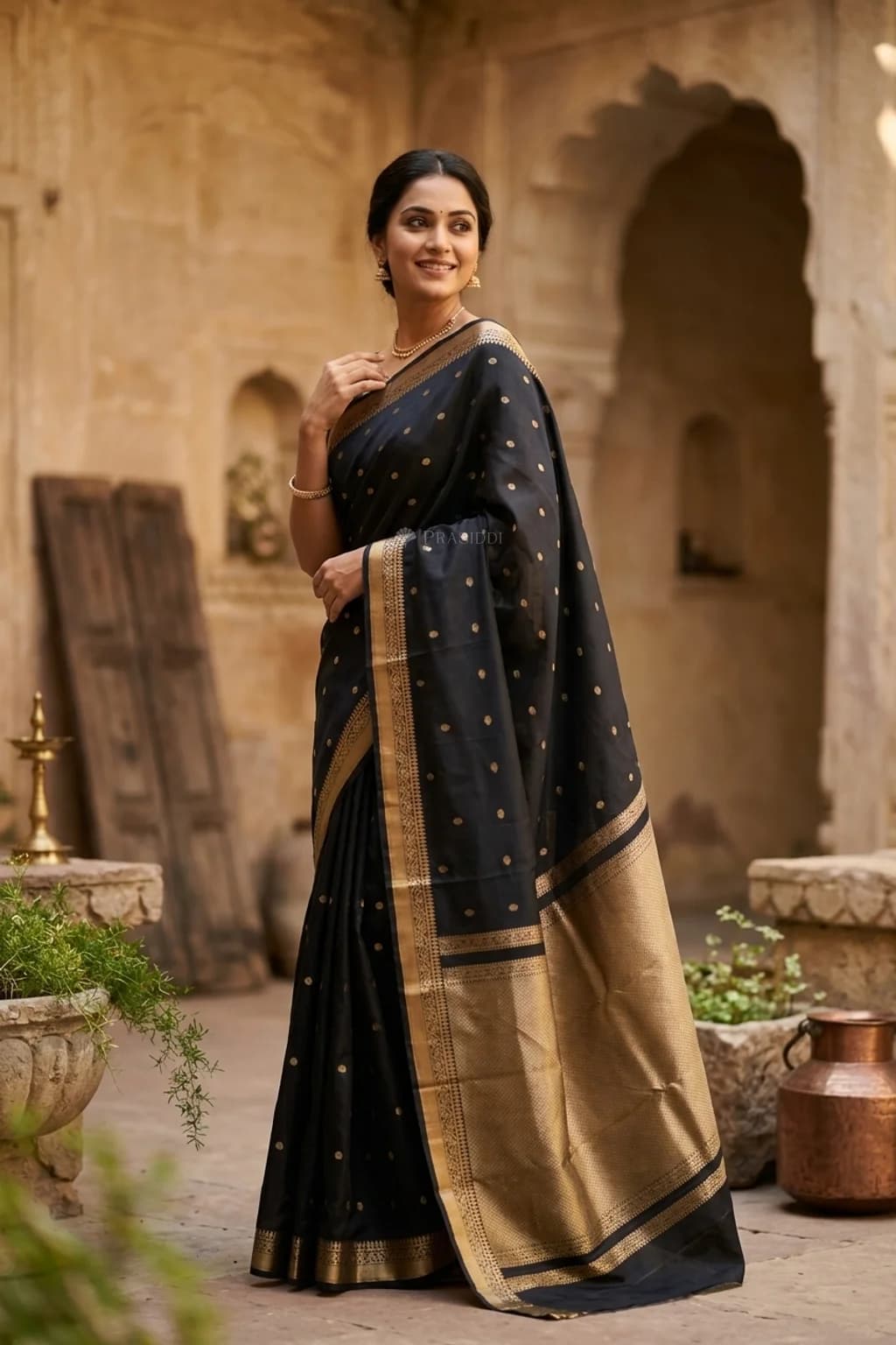 Black Silk Saree Featuring a Butti Design and Classical Border – Model Displaying Full Saree