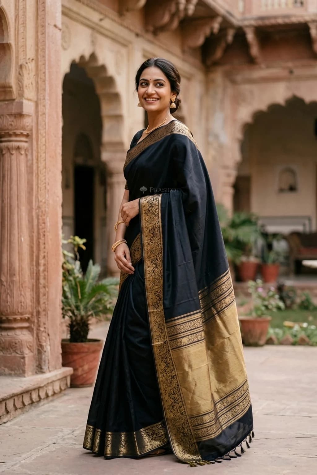 Black Silk Saree Featuring a Designer Border and Sparse Woven Patterns. – Model Displaying Full Saree