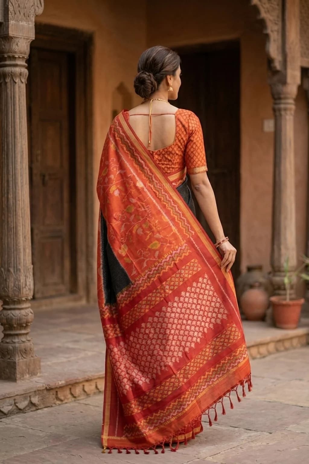 Black Soft Silk Saree with Pinkish Orange Border and Brocade Design. – Model Displaying Full Saree