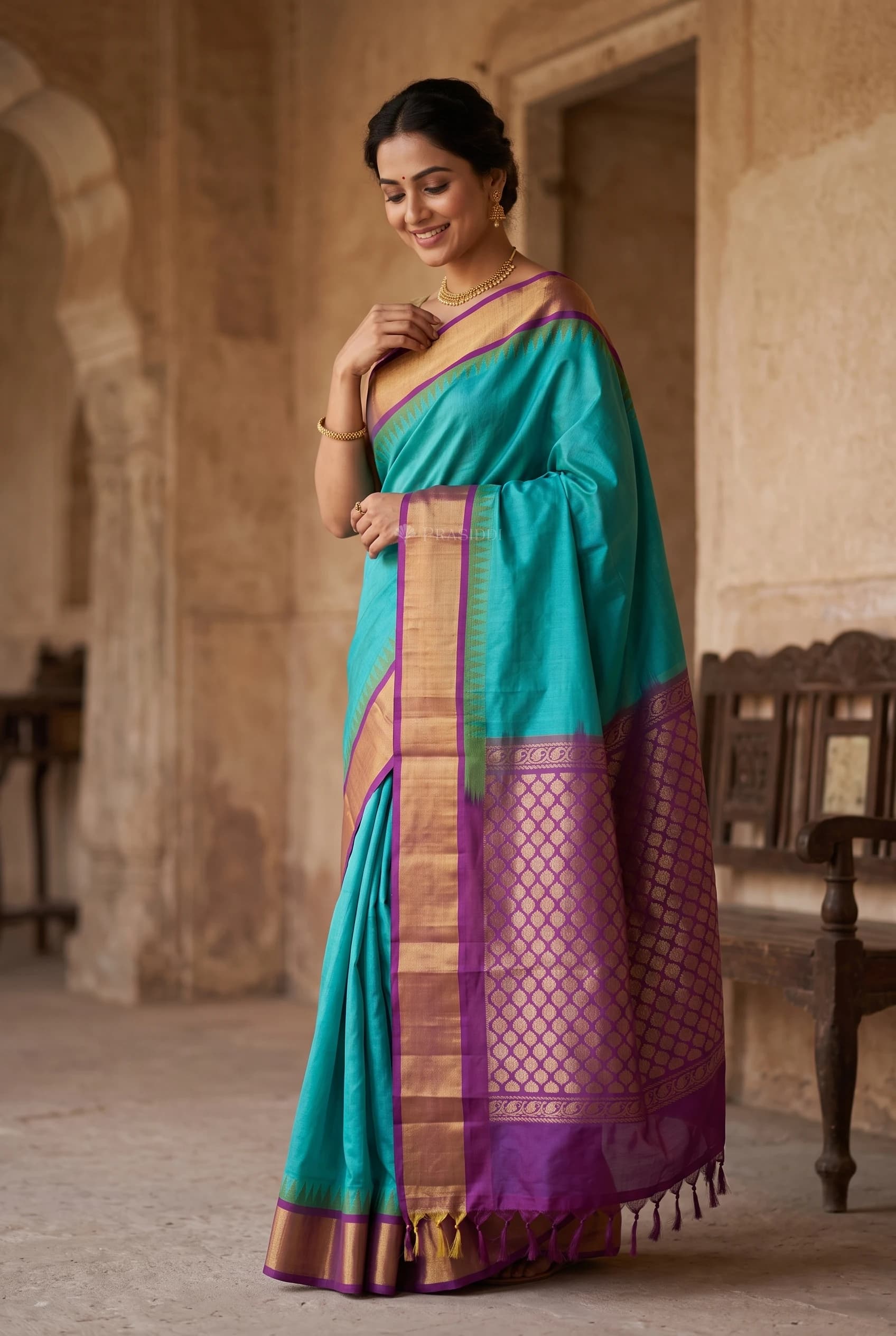 Blue and Violet Pattur Silk Cotton Saree with a Classical Contrast Border. – Model Displaying Full Saree