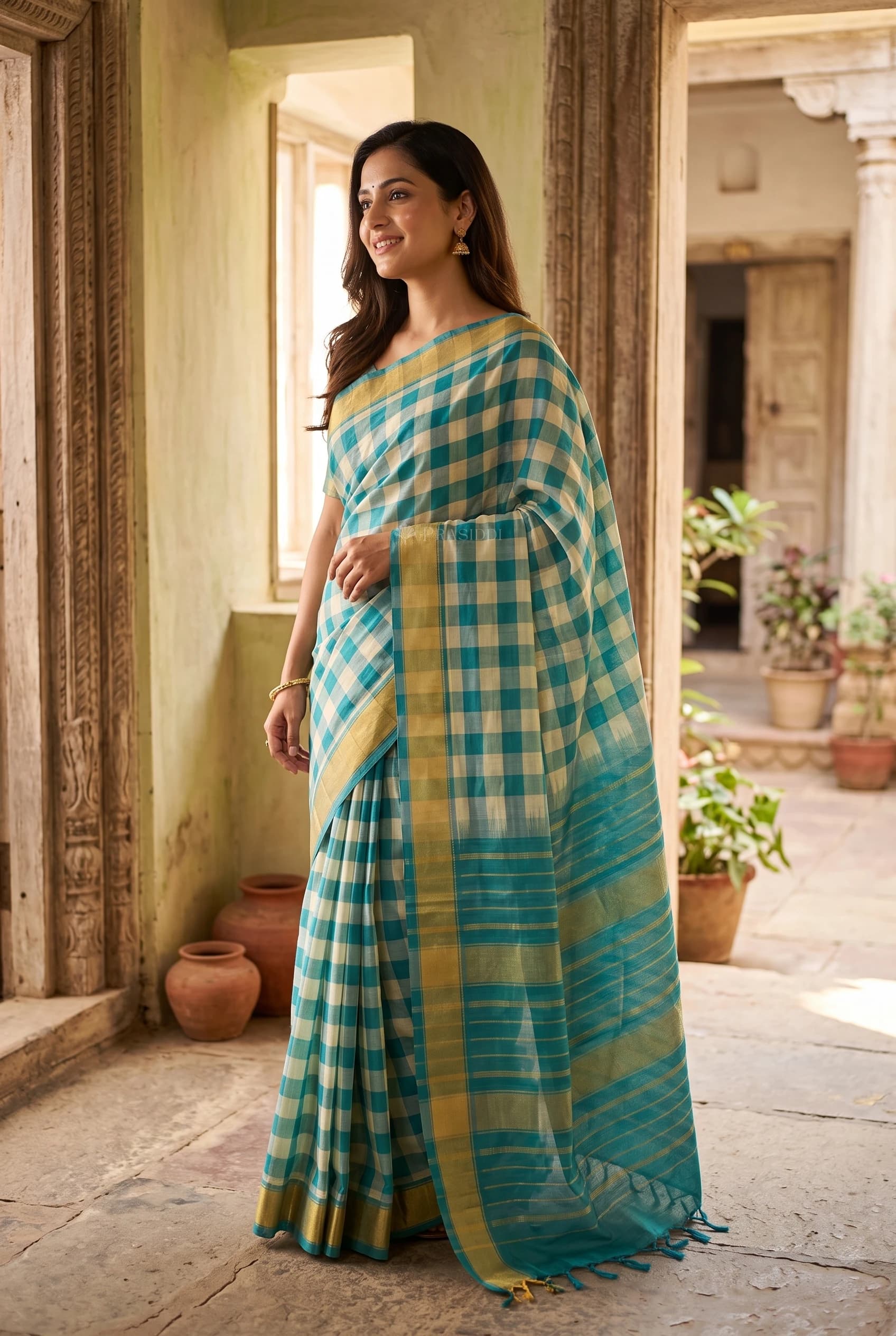 Blue and White Pattur Silk Cotton Saree with Classical Border and Grand Pallu. – Model Displaying Full Saree
