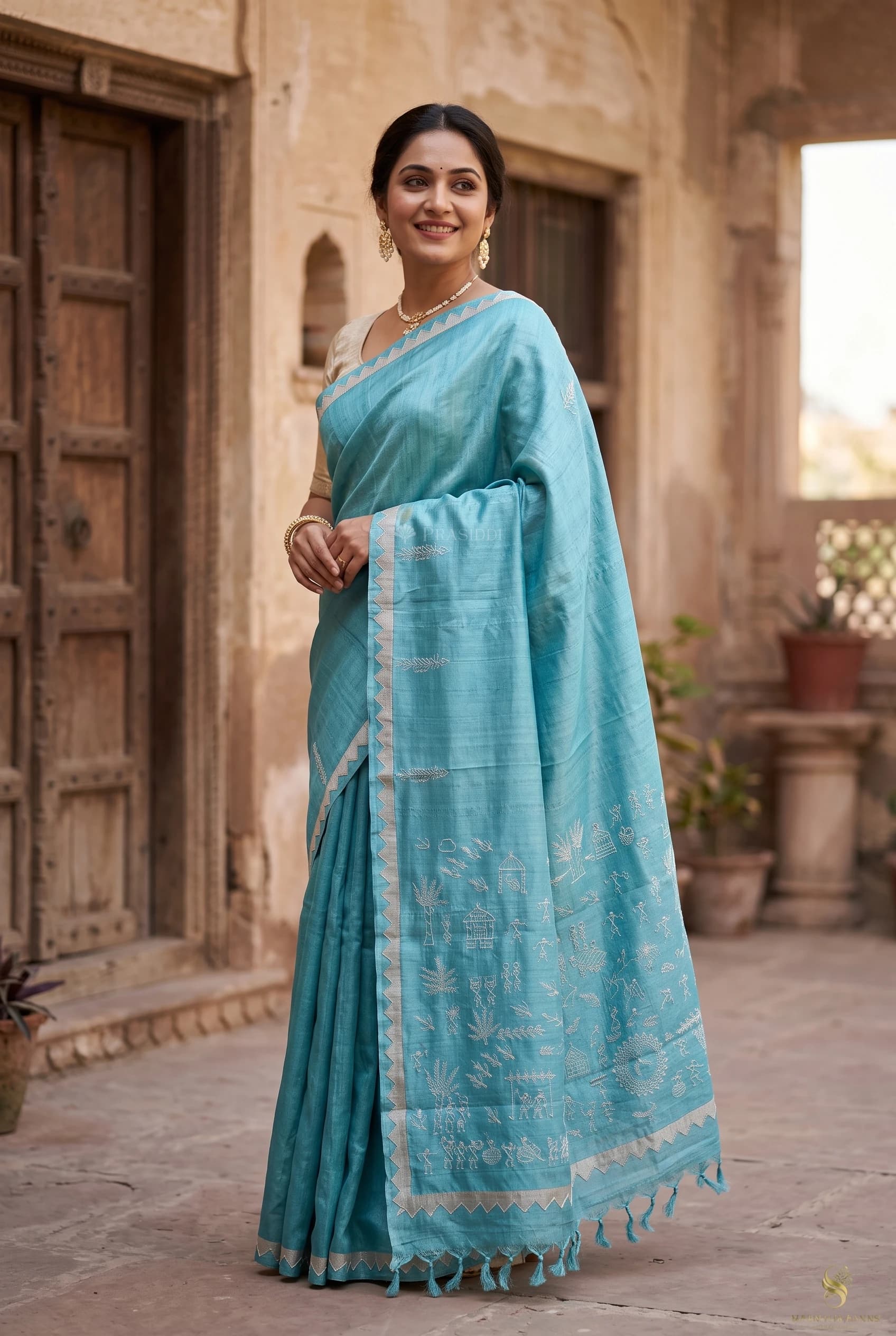 Blue Embroidered Tussar Silk Saree with a Minimal Border – Model Displaying Full Saree