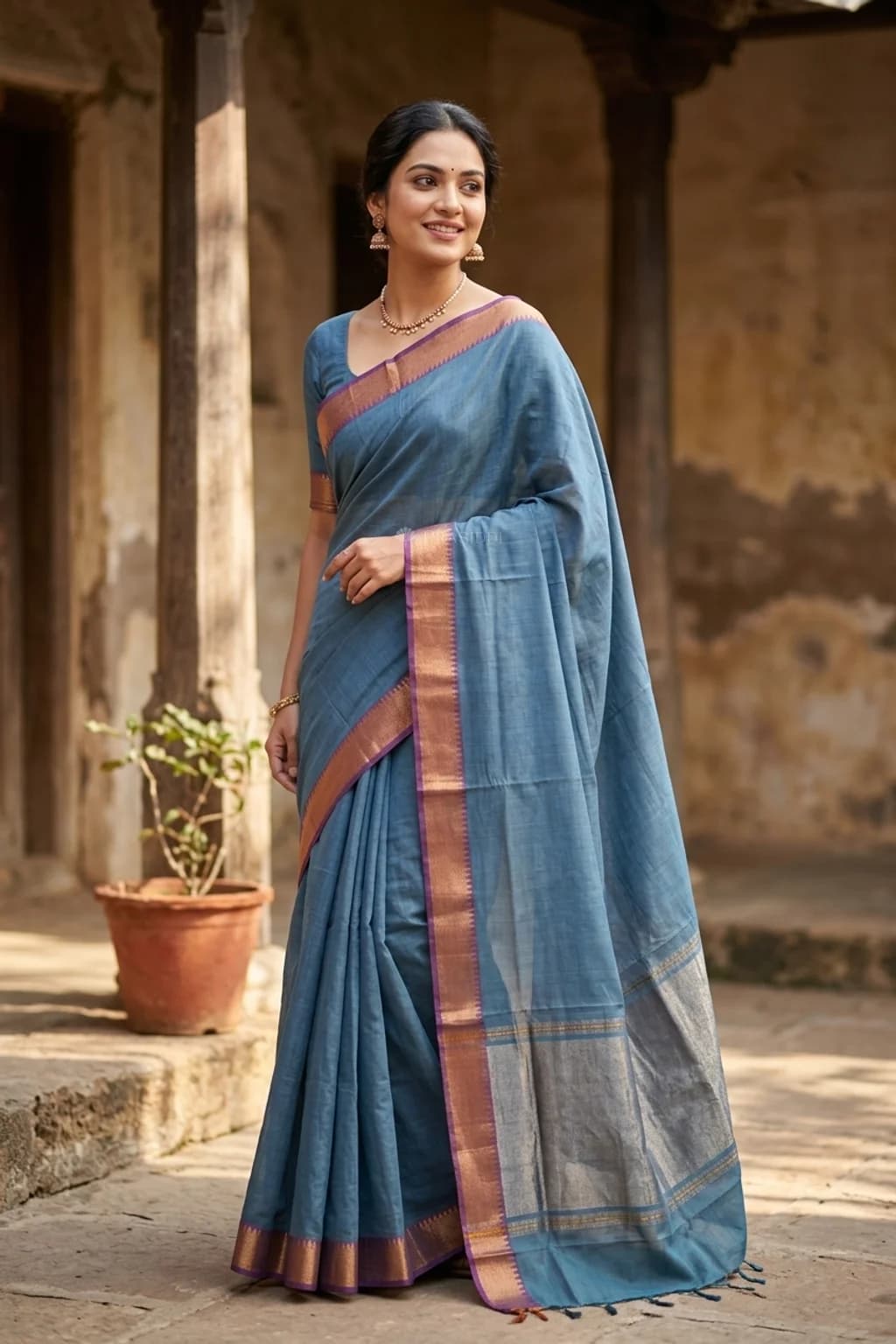 Blue Mangalgiri Cotton Saree with Classical Border and Woven Design. – Model Displaying Full Saree