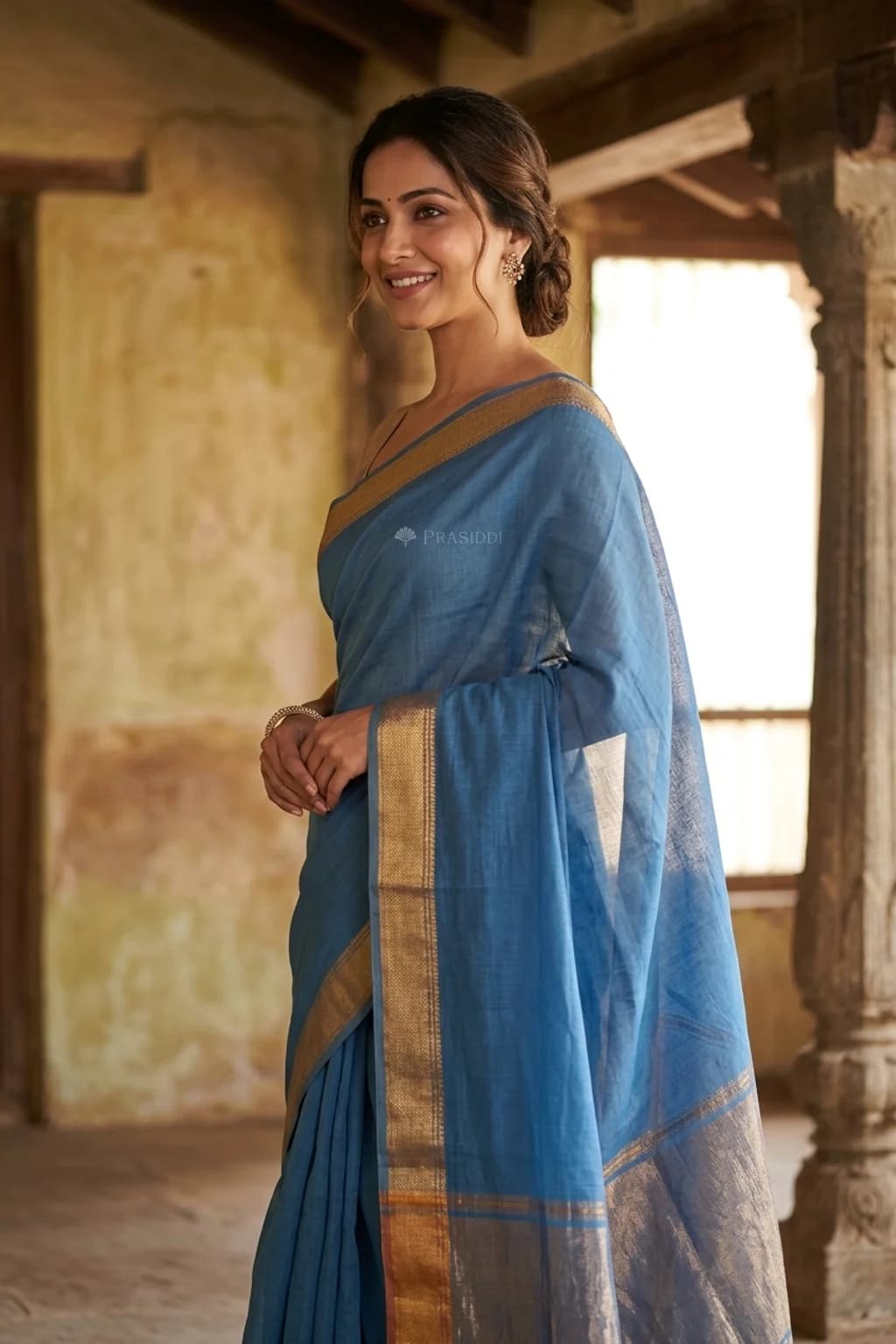 Blue Mangalgiri Cotton Saree with Classical Border and Woven Design. – Model Displaying Full Saree