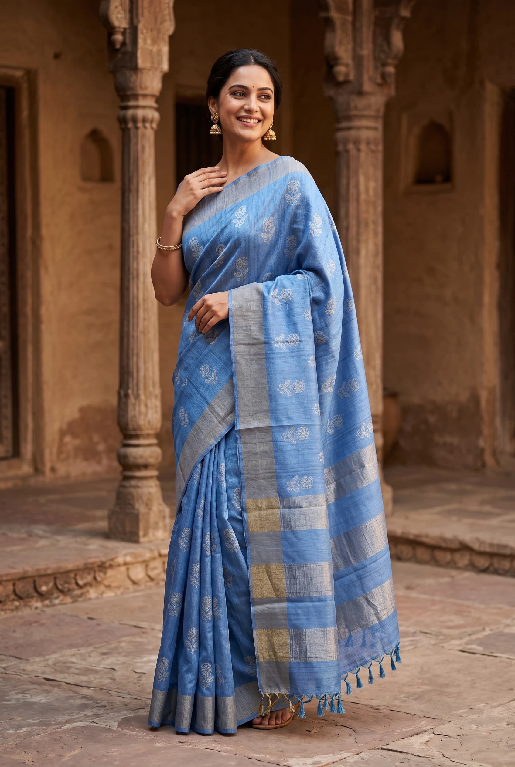 Blue Tussar Silk Saree with a Classical Border and Embroidered Design. – Model Displaying Full Saree