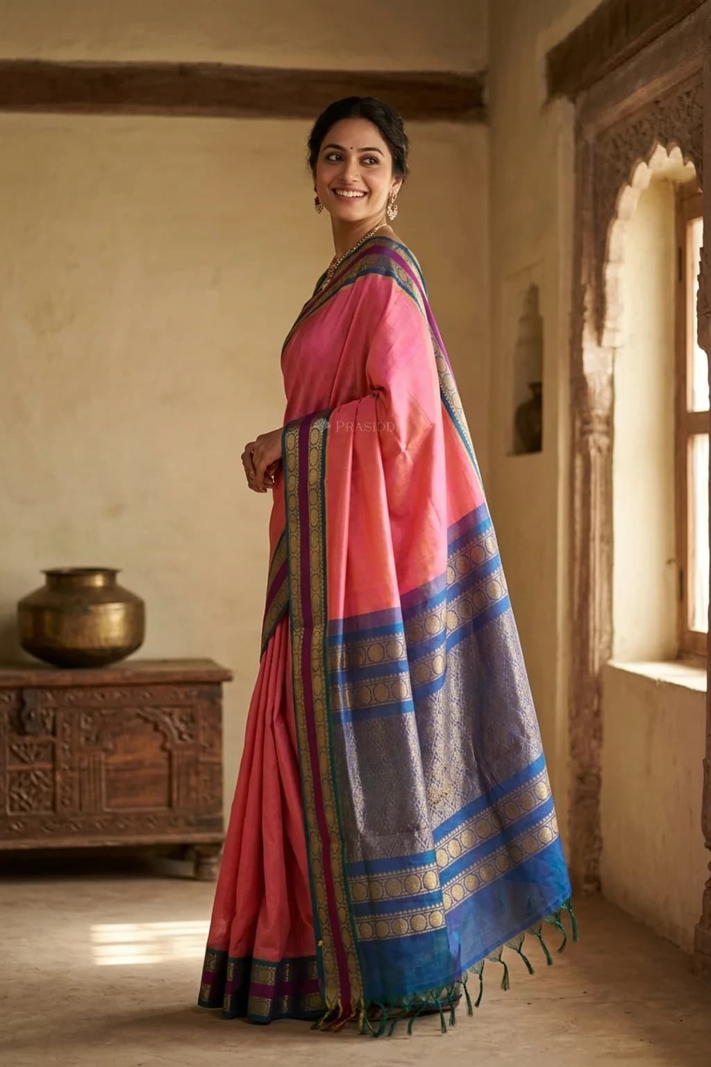 Blush Pink Pattur Silk Cotton Saree with Blue Contrast Border and Woven Design. – Model Displaying Full Saree