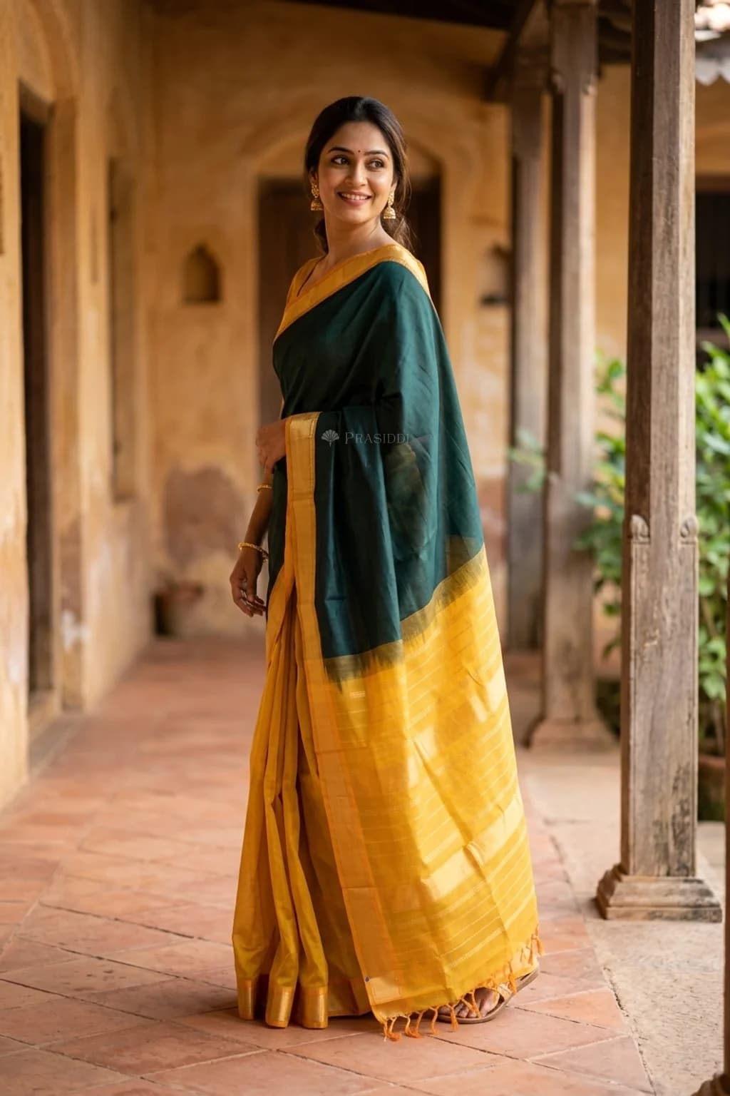 Bottle Green & Mustard Pattur Silk Cotton Saree with Woven Work and Contrast Border – Model Displaying Full Saree