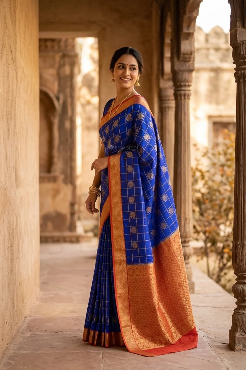 Bright Blue Mysore Silk Saree with Brick Red Designer Border and Peacock Motifs – Model Displaying Full Saree