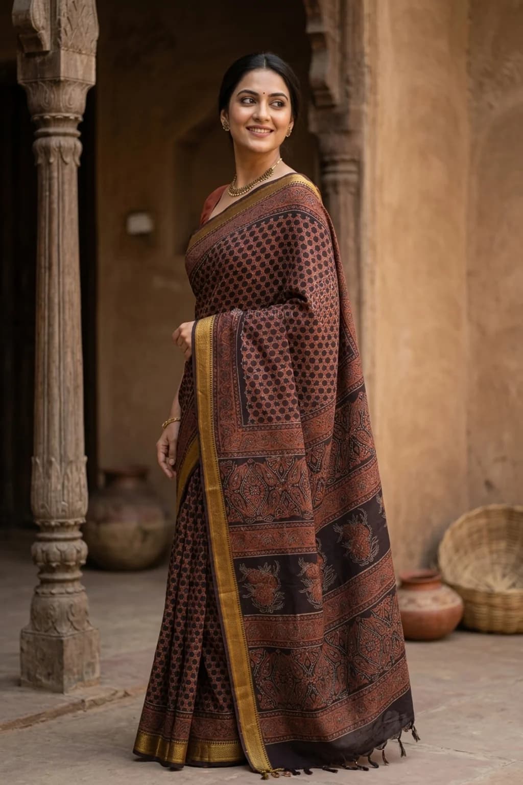 Brown and Elephant Grey Maheshwari Silk Cotton Saree with a Mustard Contrast Border. – Model Displaying Full Saree