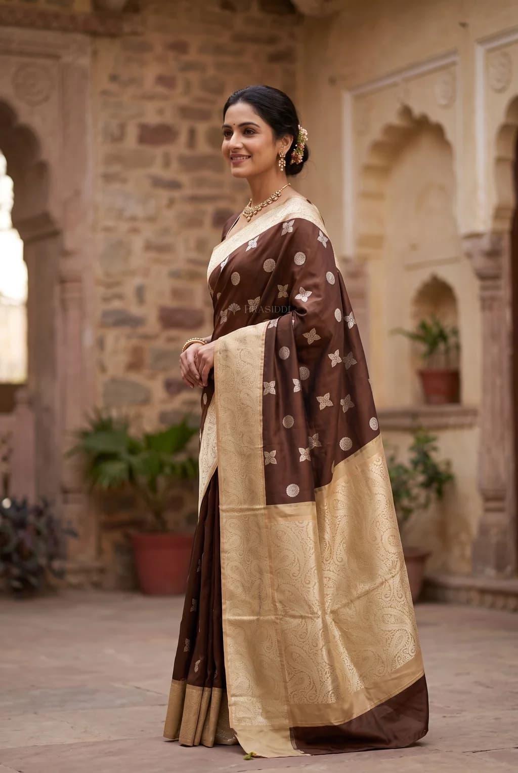 Brown Cream Soft Silk Saree with Traditional Motifs and a Classical Border. – 002 Joy Standing Product NB2