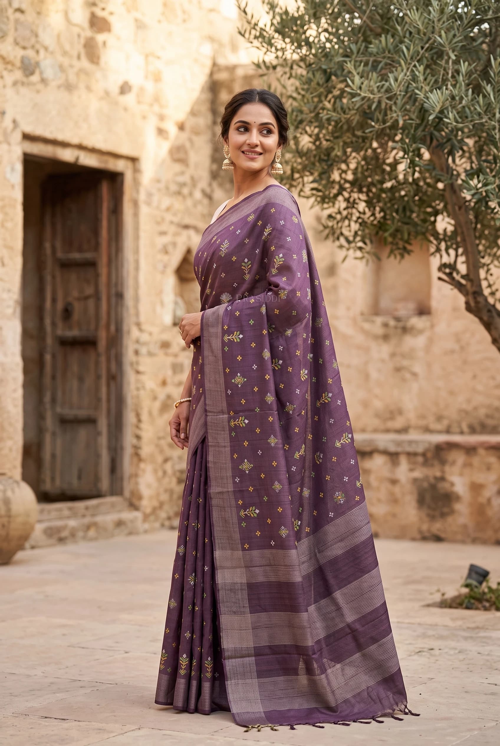 Brown Embroidered Tussar Silk Saree with a Medium-density Design and Border. – Model Displaying Full Saree