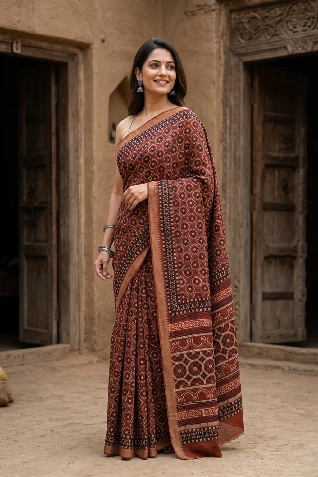 Brown Maheshwari Silk Cotton Saree with Classical Border and Printed Design. – Model Displaying Full Saree