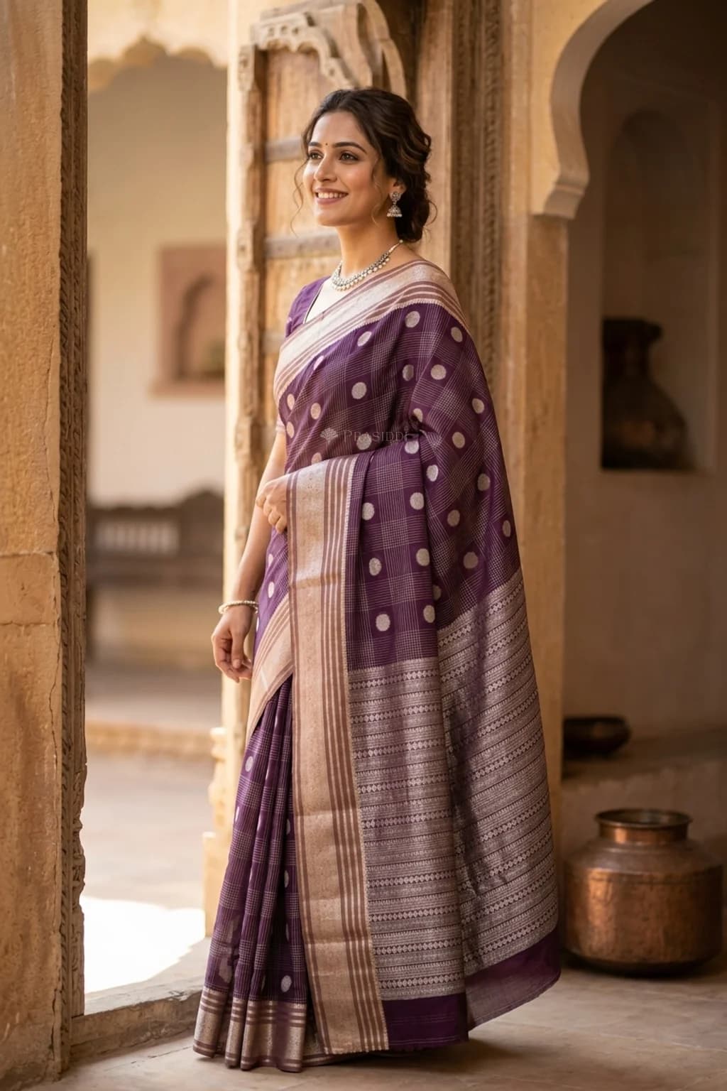Brown Silk Cotton Saree Featuring Woven Motifs and a Designer Border. – Model Displaying Full Saree