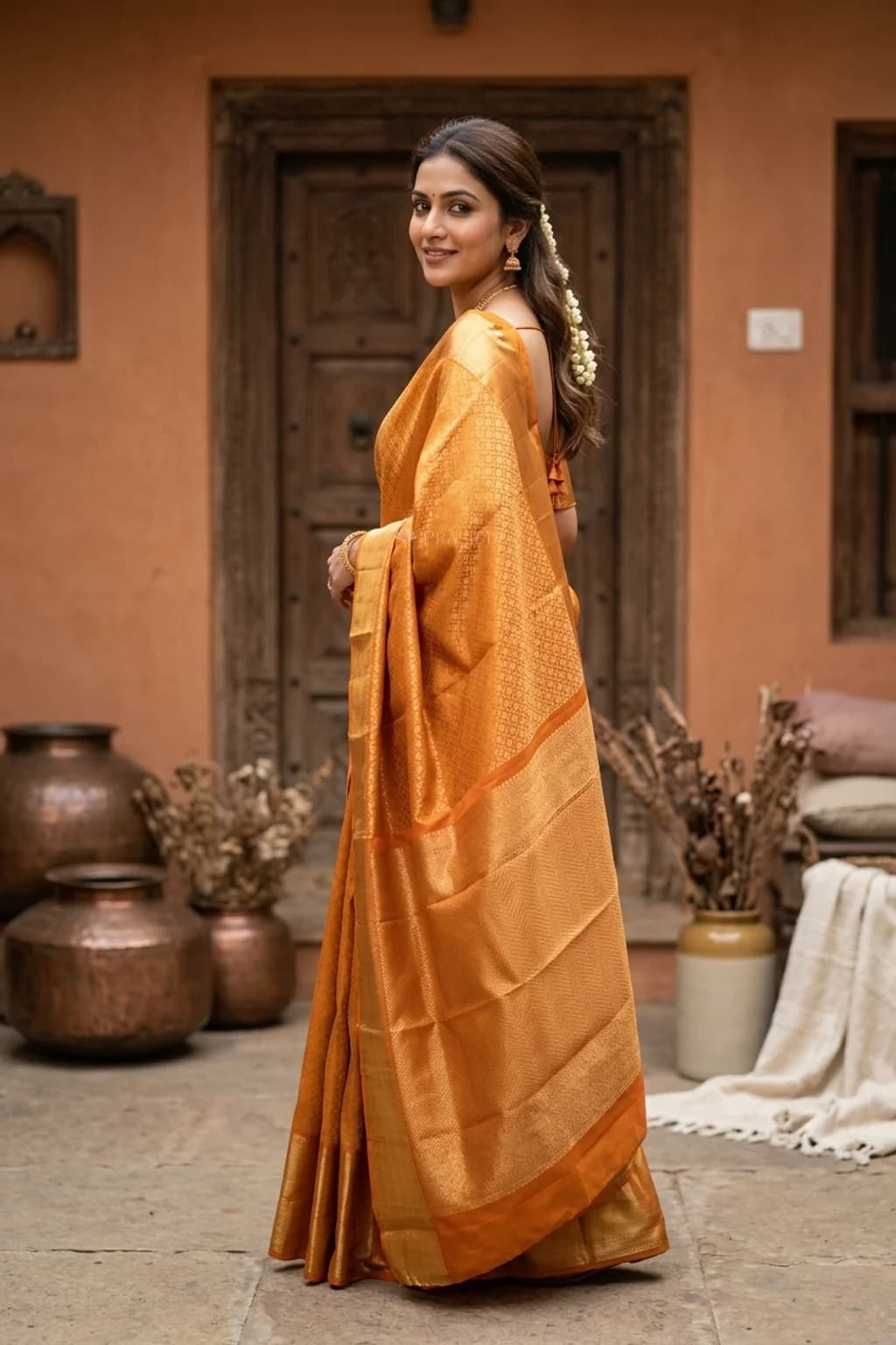 Burnt Orange Silk Saree Featuring a Classical Border and Dense Brocade Body. – Model Displaying Full Saree