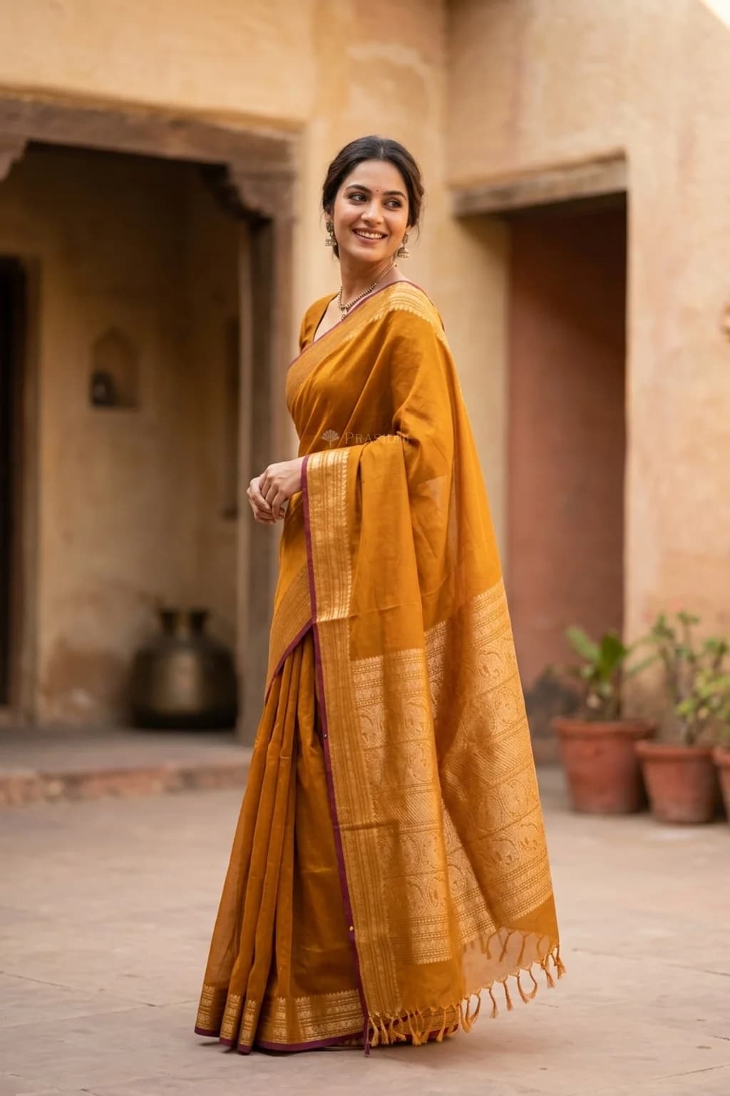 Burnt Orange Tadapathri Cotton Saree with Woven Work and Zari Motive Motifs and classical border border – Model Displaying Full Saree