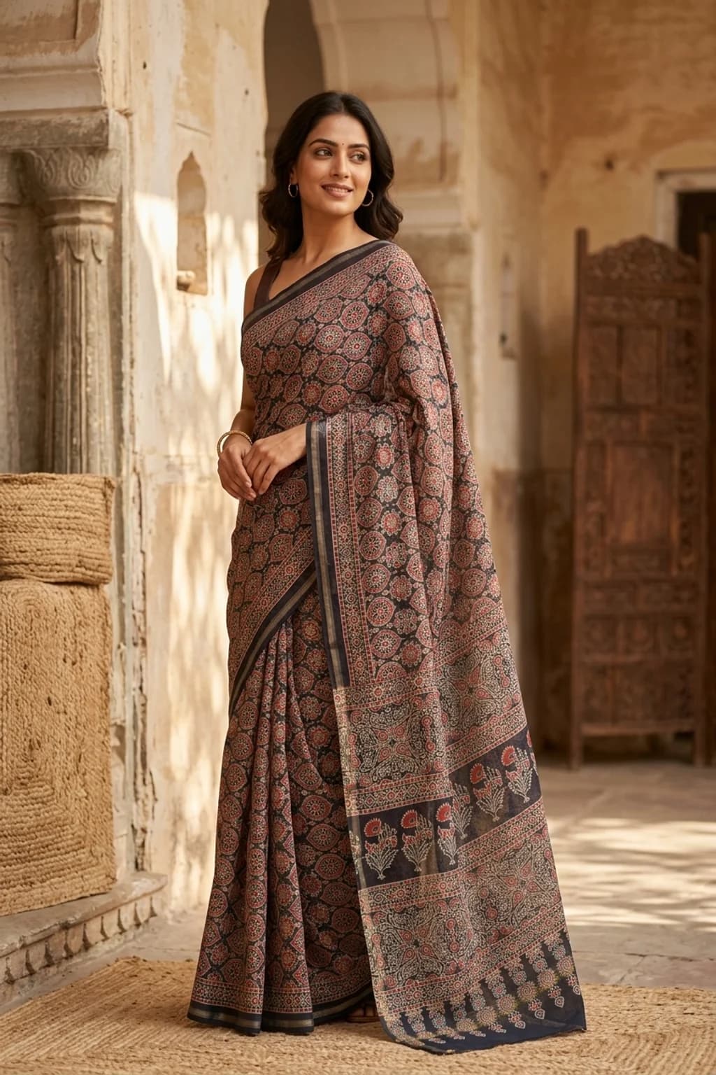Charcoal Grey and Brown Maheshwari Silk Cotton Saree with Printed Border – Model Displaying Full Saree