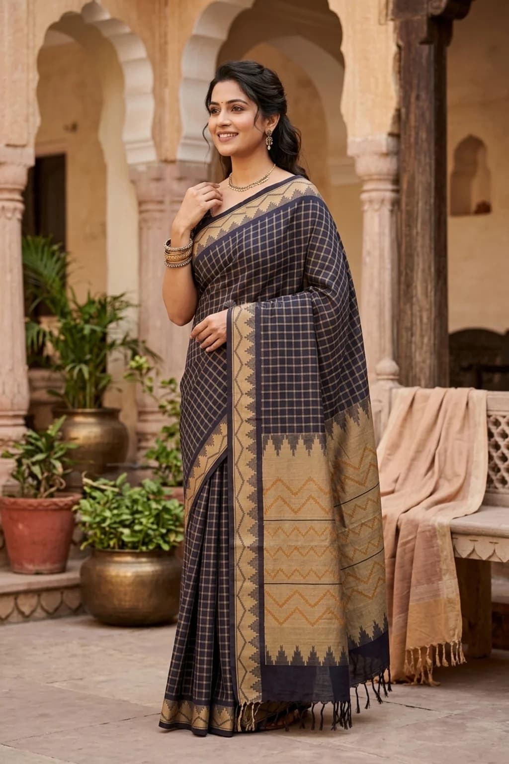 Coffee Brown Tadapathri Cotton Saree with Temple Border Design – Model Displaying Full Saree