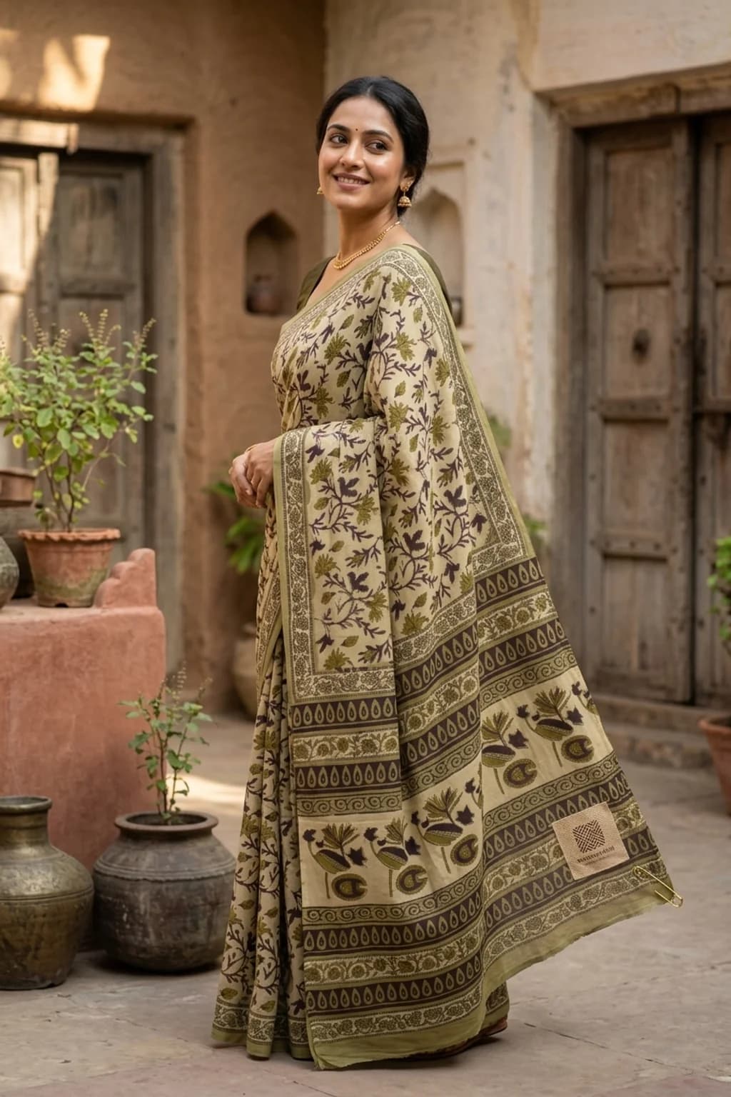 Cream with Touch of Green Maheshwari Silk Cotton Saree with Moss Green Accents and Contrast Border. – Model Displaying Full Saree