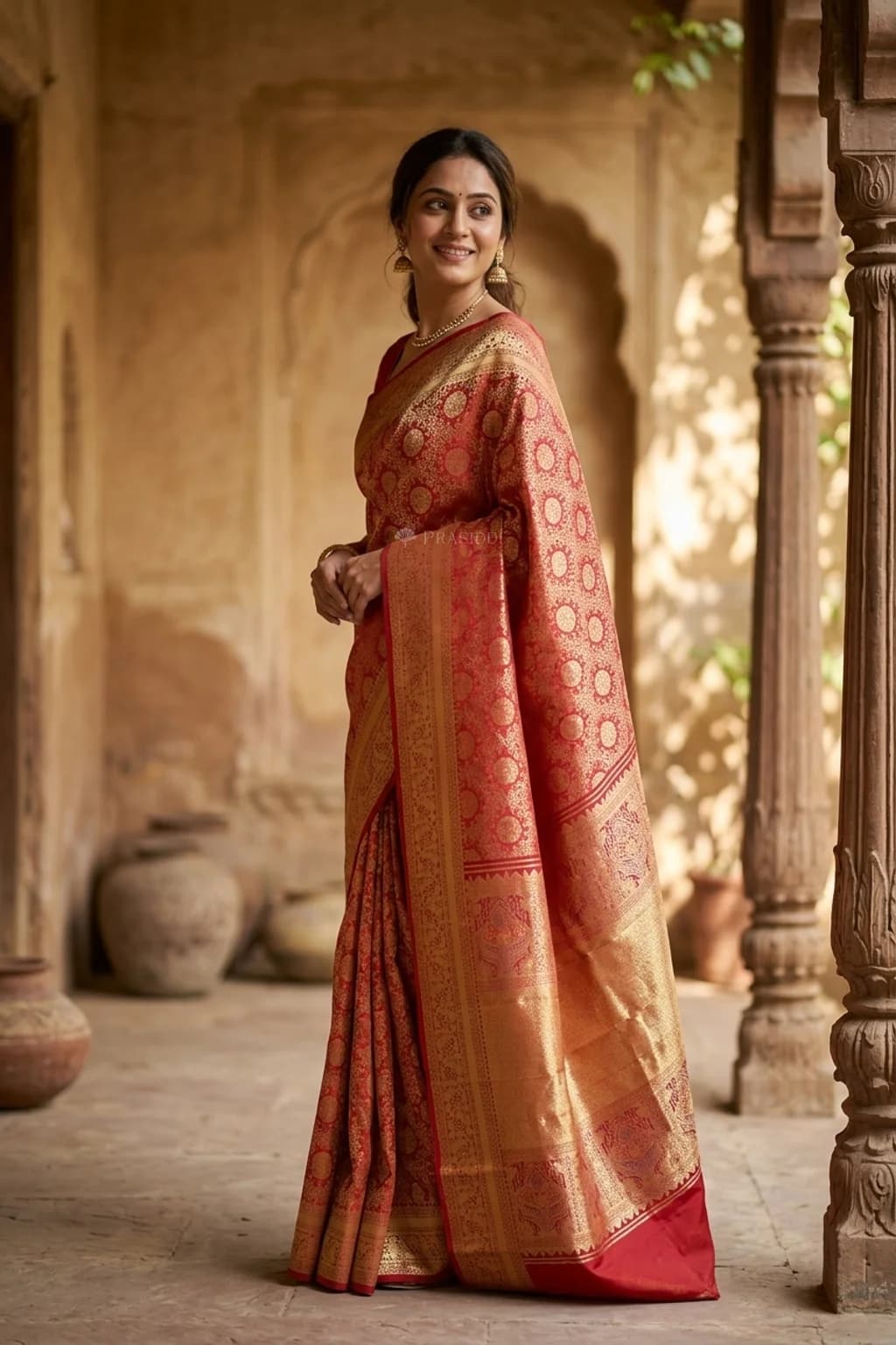 Crimson Silk Saree Featuring a Designer Border and Intricate Woven Details. – Model Displaying Full Saree