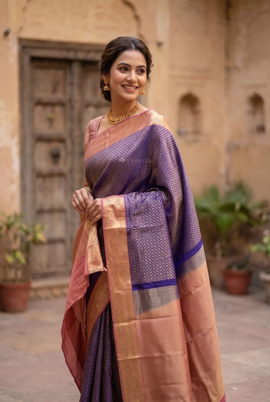 Dark Blue and Purple Silk Saree with Classical Border and Woven Design – 002 Joy Standing Product NB2