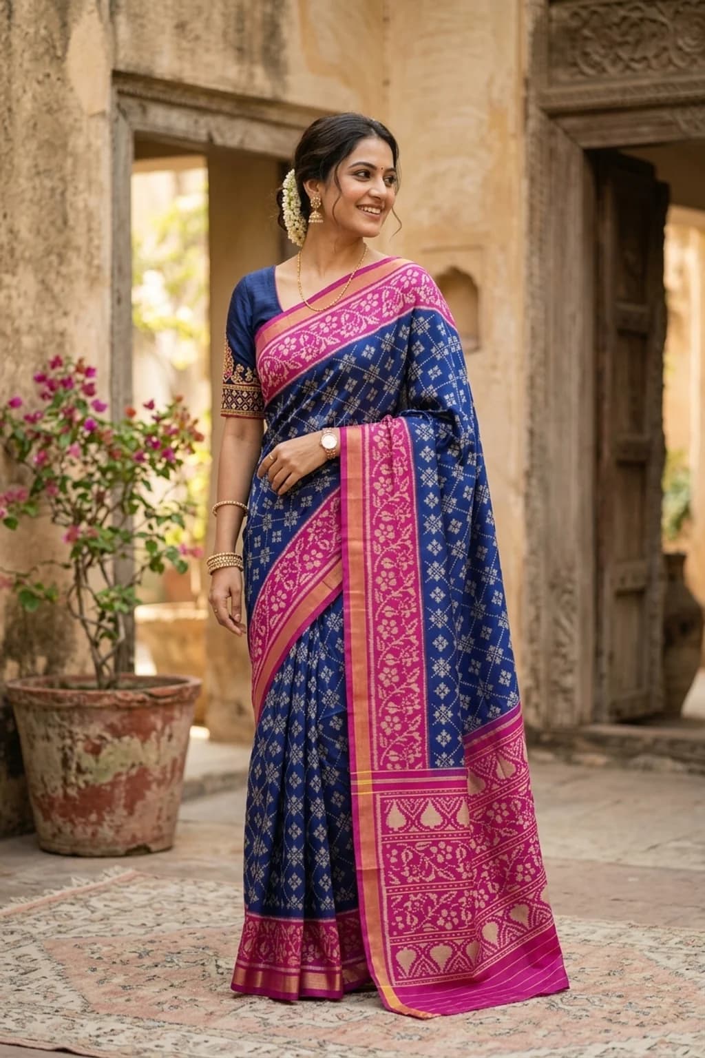 Dark Blue & Orchid Patola Silk Saree with Woven Work and Classical Border, Contrast Border, Designer Border – Model Displaying Full Saree