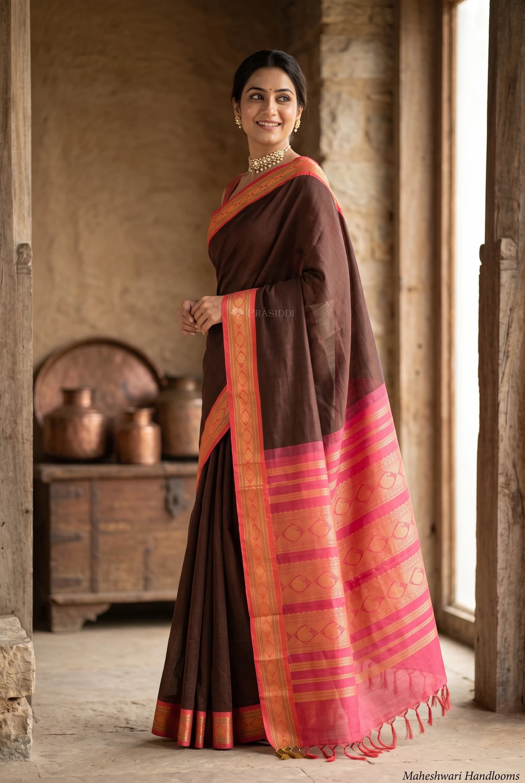 Dark Brown Pink Pattur Silk Cotton Saree with Classical Border and Pallu – Model Displaying Full Saree