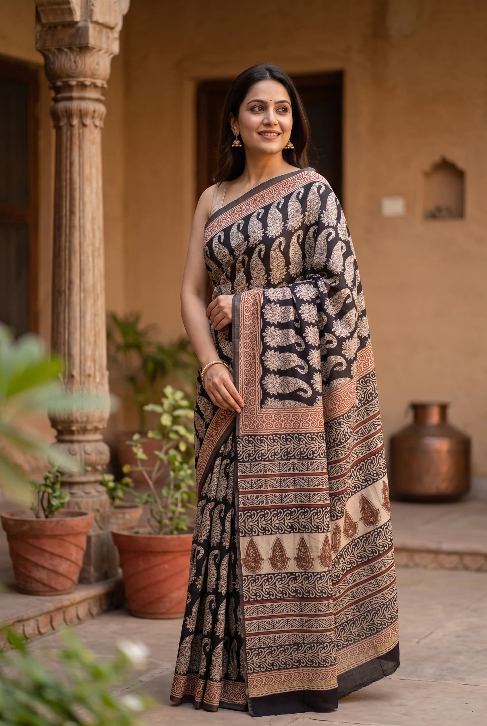 Dark Grey and Brown Maheshwari Silk Cotton Saree with Classical Border and Printed Design. – Model Displaying Full Saree