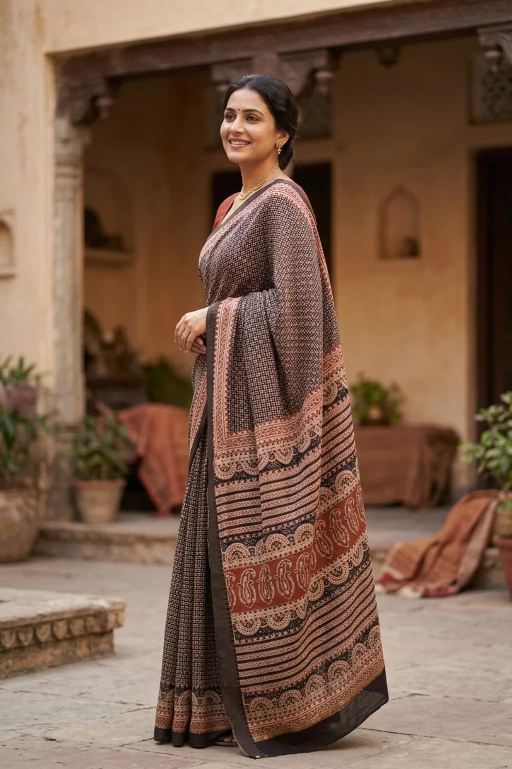 Dark Grey and Brown Maheshwari Silk Cotton Saree with Contrast Border – Model Displaying Full Saree