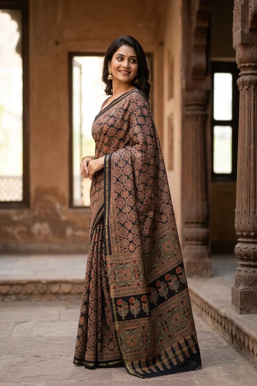 Dark Grey and Rust Contrast Border Maheshwari Silk Cotton Saree – Model Displaying Full Saree