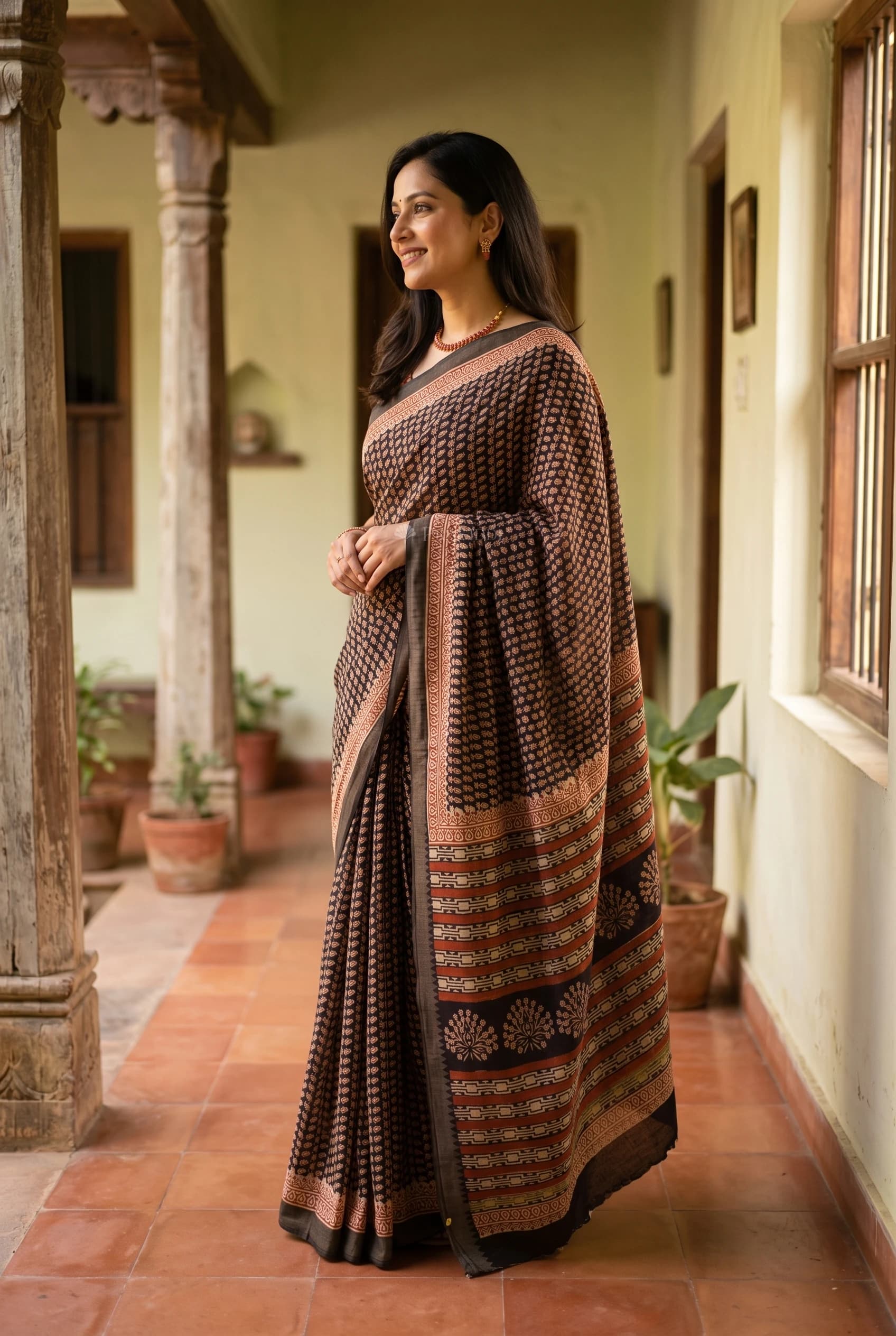 Dark Grey and Wine Maheshwari Silk Cotton Saree with a Contrast Classical Border. – Model Displaying Full Saree