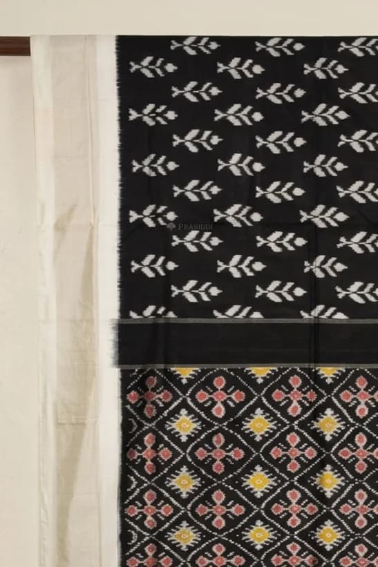 Dark Grey Ikat Silk Saree with White Classical Border and Woven Design – Display Image