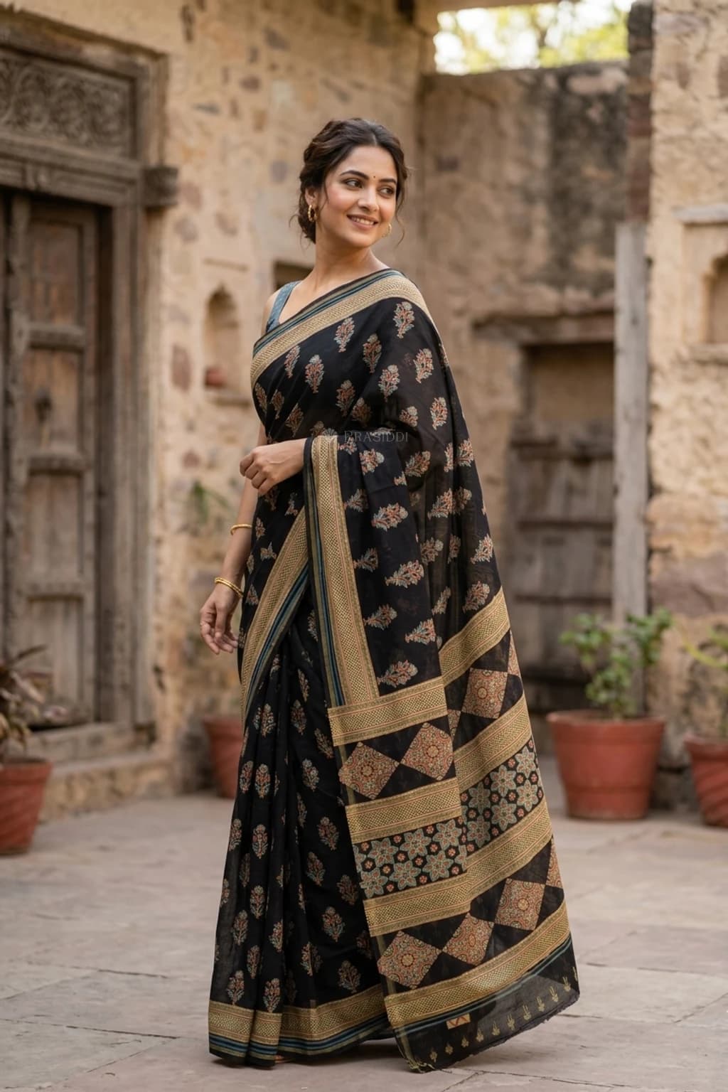 Dark Grey Maheshwari Silk Cotton Saree with a Printed Border – Model Displaying Full Saree