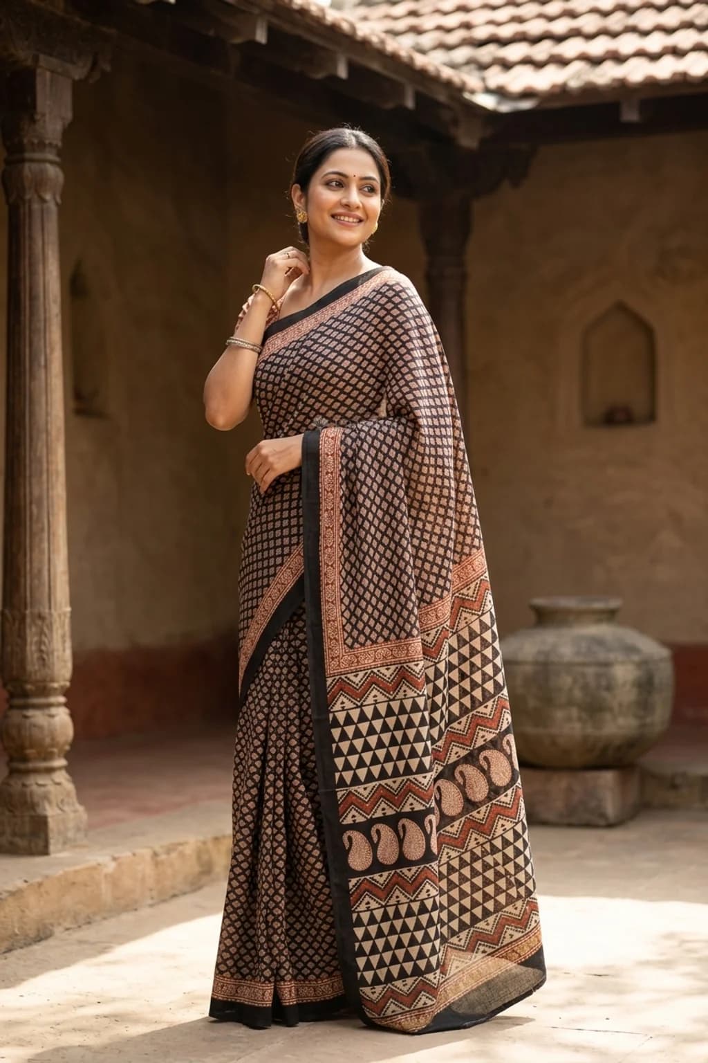 Dark Grey Maheshwari Silk Cotton Saree with Printed Border – Model Displaying Full Saree