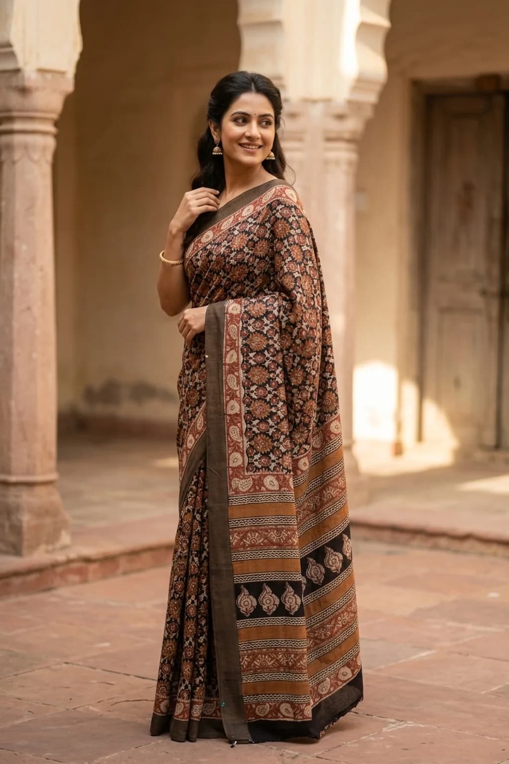Dark Grey Maheshwari Silk Cotton Saree with Printed Work and Contrast Border – Model Displaying Full Saree