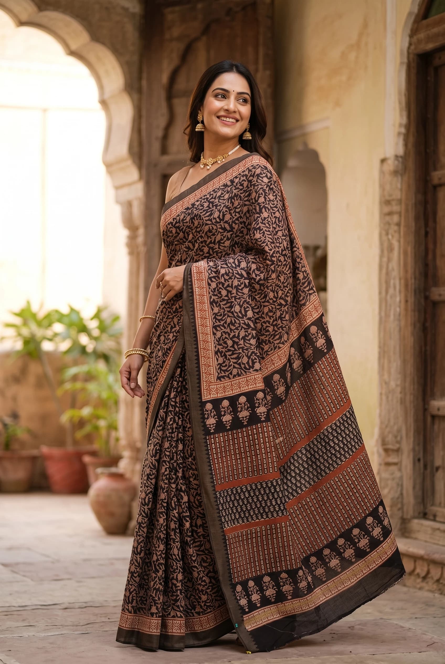 Dark Grey Maheshwari Silk Cotton Saree with Rustic Red Classical Border – Model Displaying Full Saree